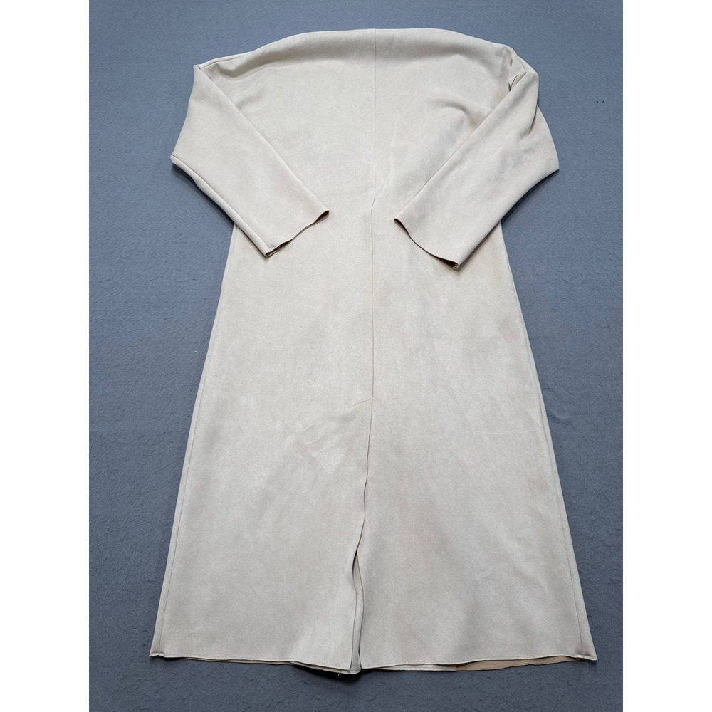 Zara Trench Coat Womens XS Beige Double Breasted Faux Suede Longline Belted Chic - Picture 2 of 8